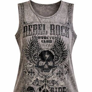 Rebel Rock Graphic Tank Top Studded Skull Gray New Without Tags
